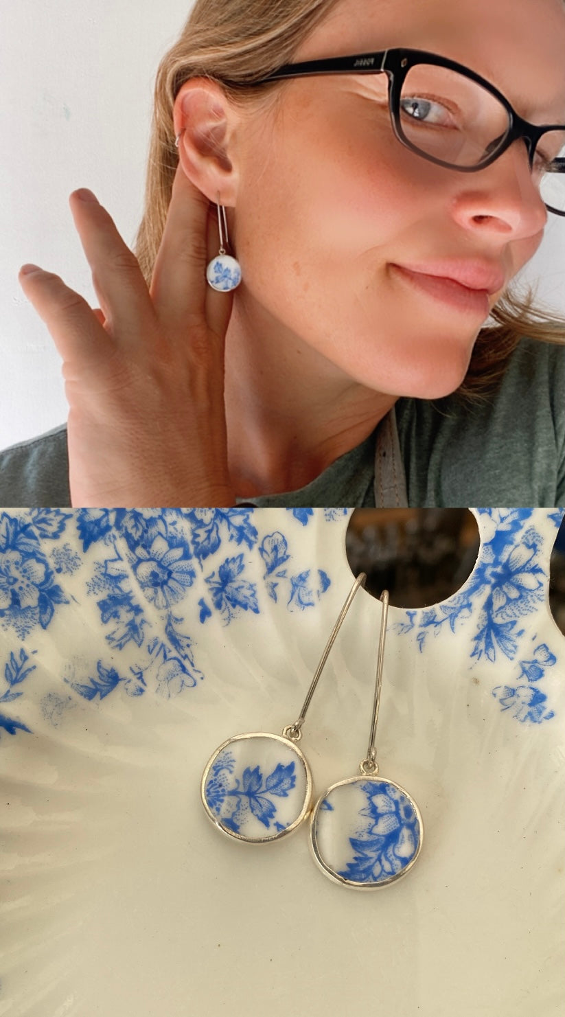 Elegant woman wearing Customisable Vintage China Silver Earrings,