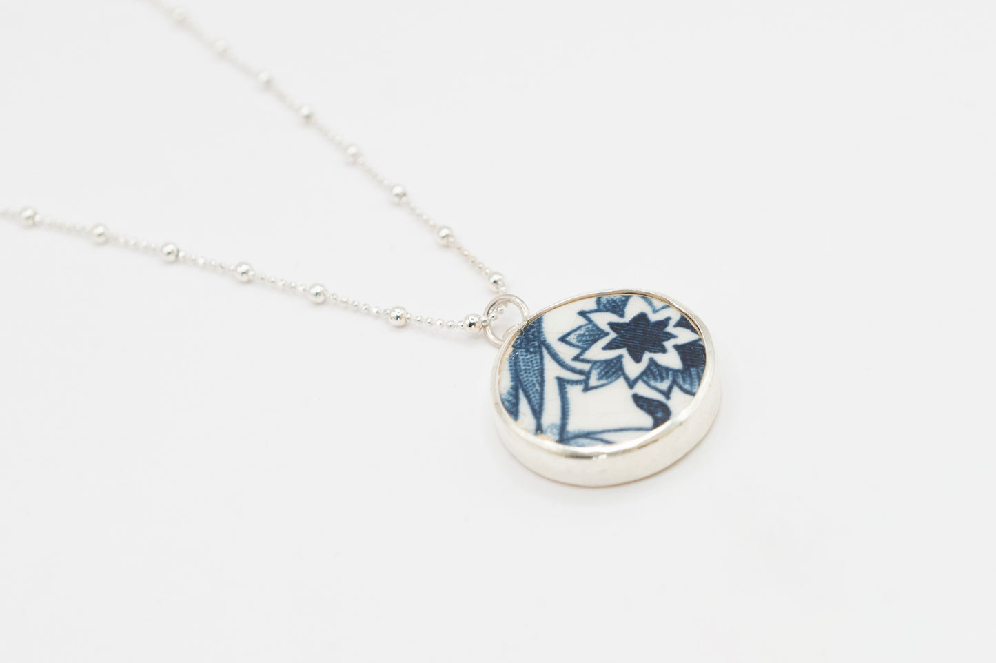 Blue & White ceramic pendant, set in sterling silver