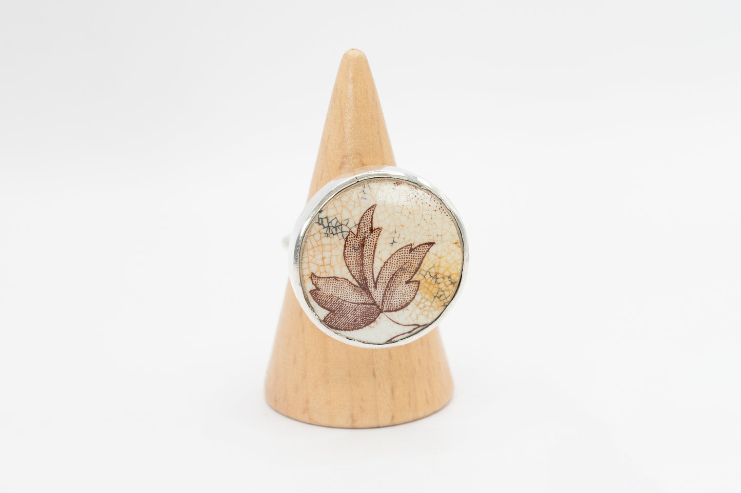 Autumn leaf ring made from an antique ceramic shard