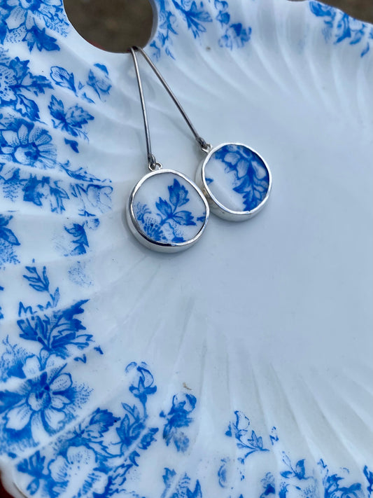 Customisable Vintage China Silver Earrings displayed on matching blue and white patterned porcelain