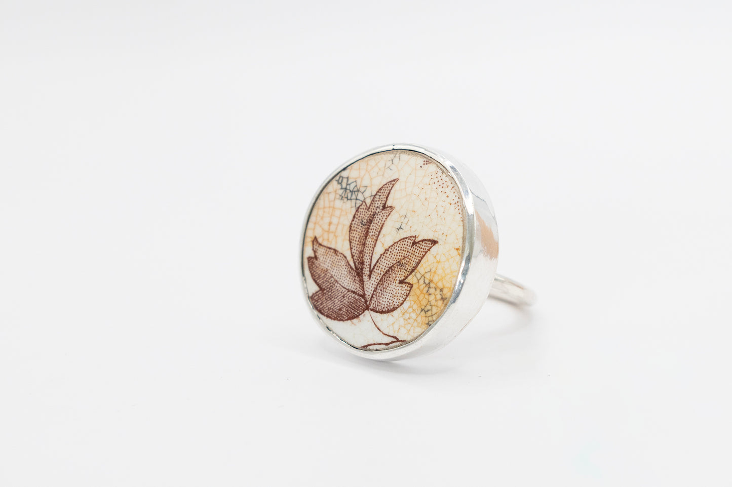 Autumn leaf ring made from an antique ceramic shard