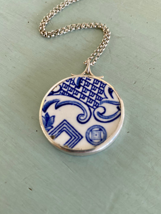 Handcrafted Willow Pattern Ceramic Pendant in Sterling Silver Chain - Front View.
