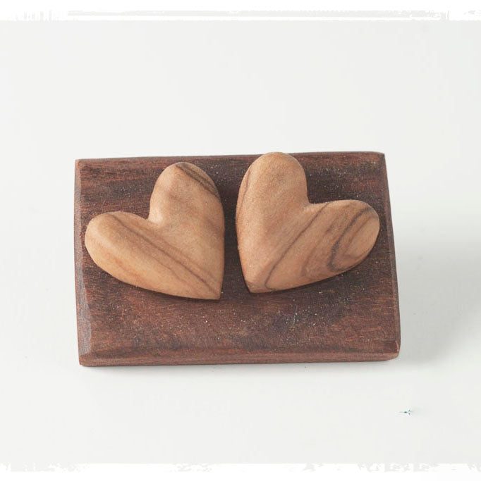 Hand Carved Olive Wood Heart Stud Earrings - Natural Chic