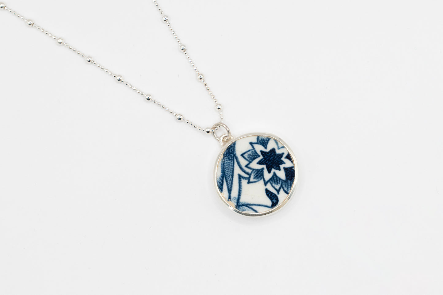 Blue & White ceramic pendant, set in sterling silver