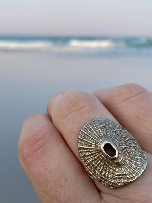 Close-up of a handcrafted brass Santa Maria shell ring worn on a finger against a blurred beach backdrop.