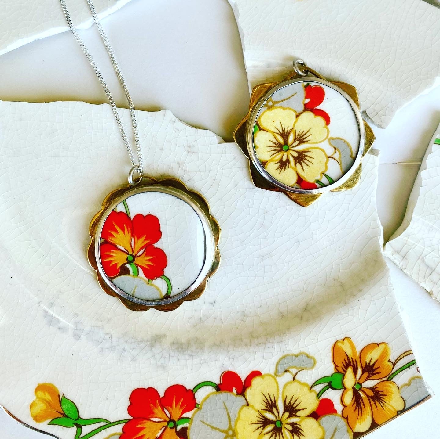 Yellow nasturtium flower ceramic pendant