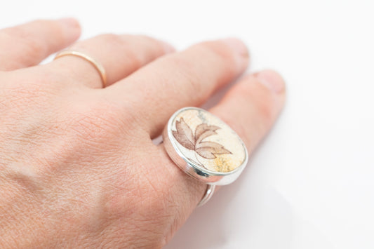 Autumn leaf ring made from an antique ceramic shard