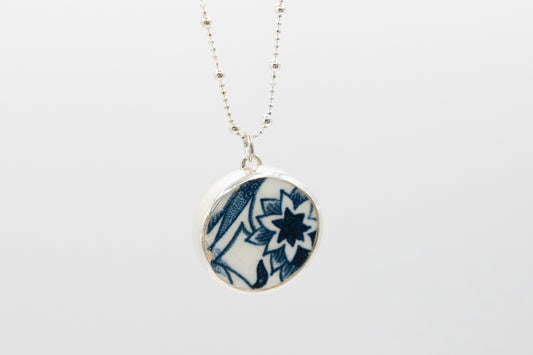 Blue & White ceramic pendant, set in sterling silver
