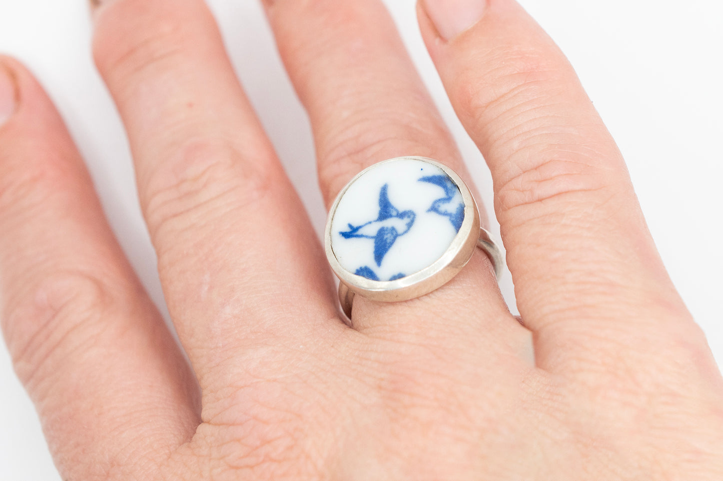 Ring made with antique ceramic from the willow pattern plate