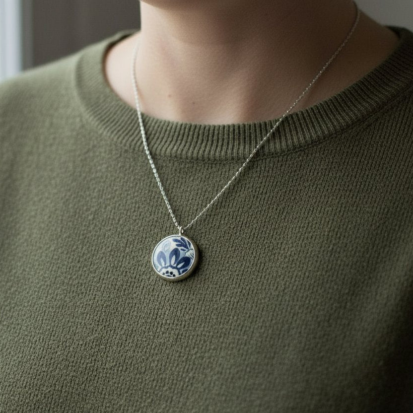 Blue and white willow pattern broken china pendant set in sterling silver bezel — handmade by Natasha Wood Jewellery