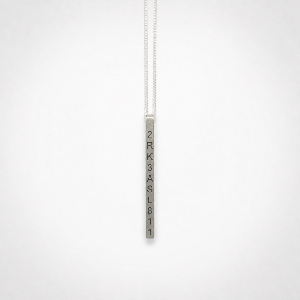 Personalised Silver Bar Necklace - full pendant view of engraved sterling silver bar hanging vertically on fine curb chain