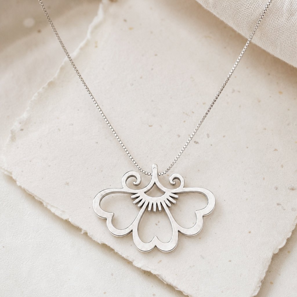 Large 3-Petal Flower Sterling Silver Pendant - on model lifestyle shot, worn with floral dress