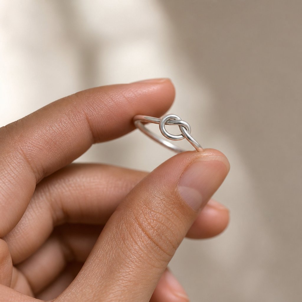 Sterling Silver Knot Ring - worn on finger, handmade silver stacking ring by Natasha Wood Jewellery