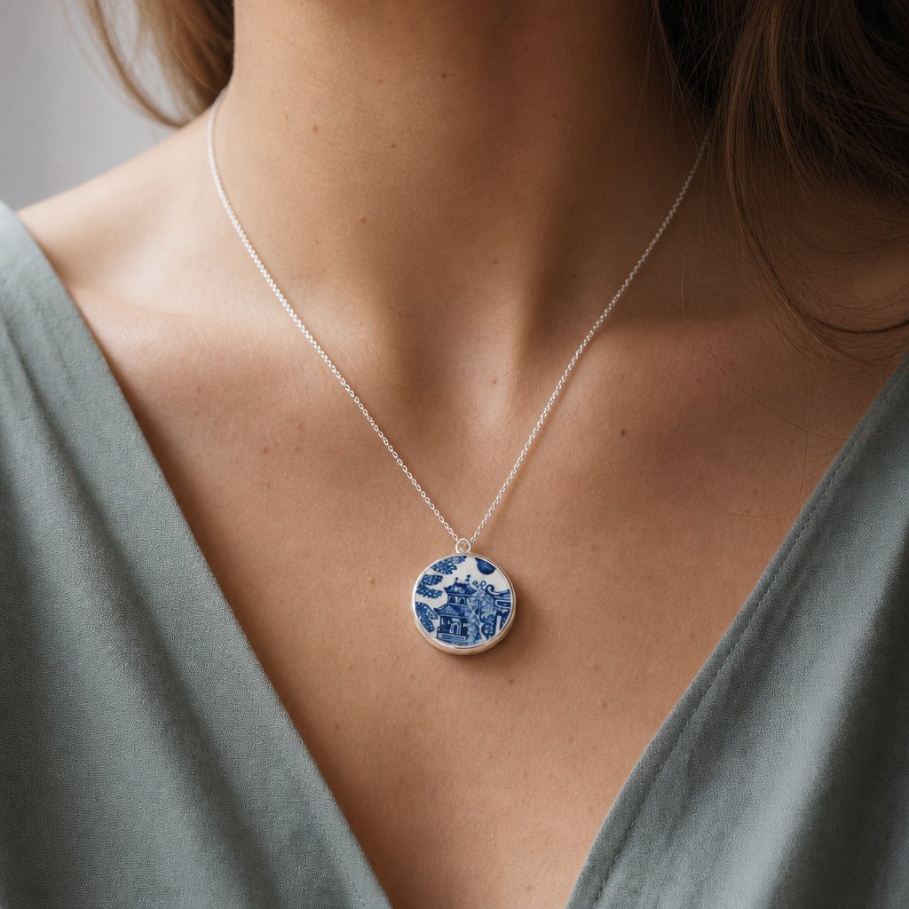 Handmade Willow Pattern sterling silver pendant necklace on white background - Natasha Wood Jewellery