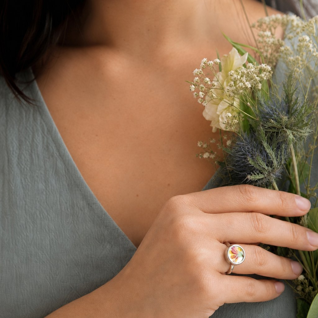 Yellow Flower Ceramic Ring - top view reclaimed antique plate ceramic in sterling silver bezel setting