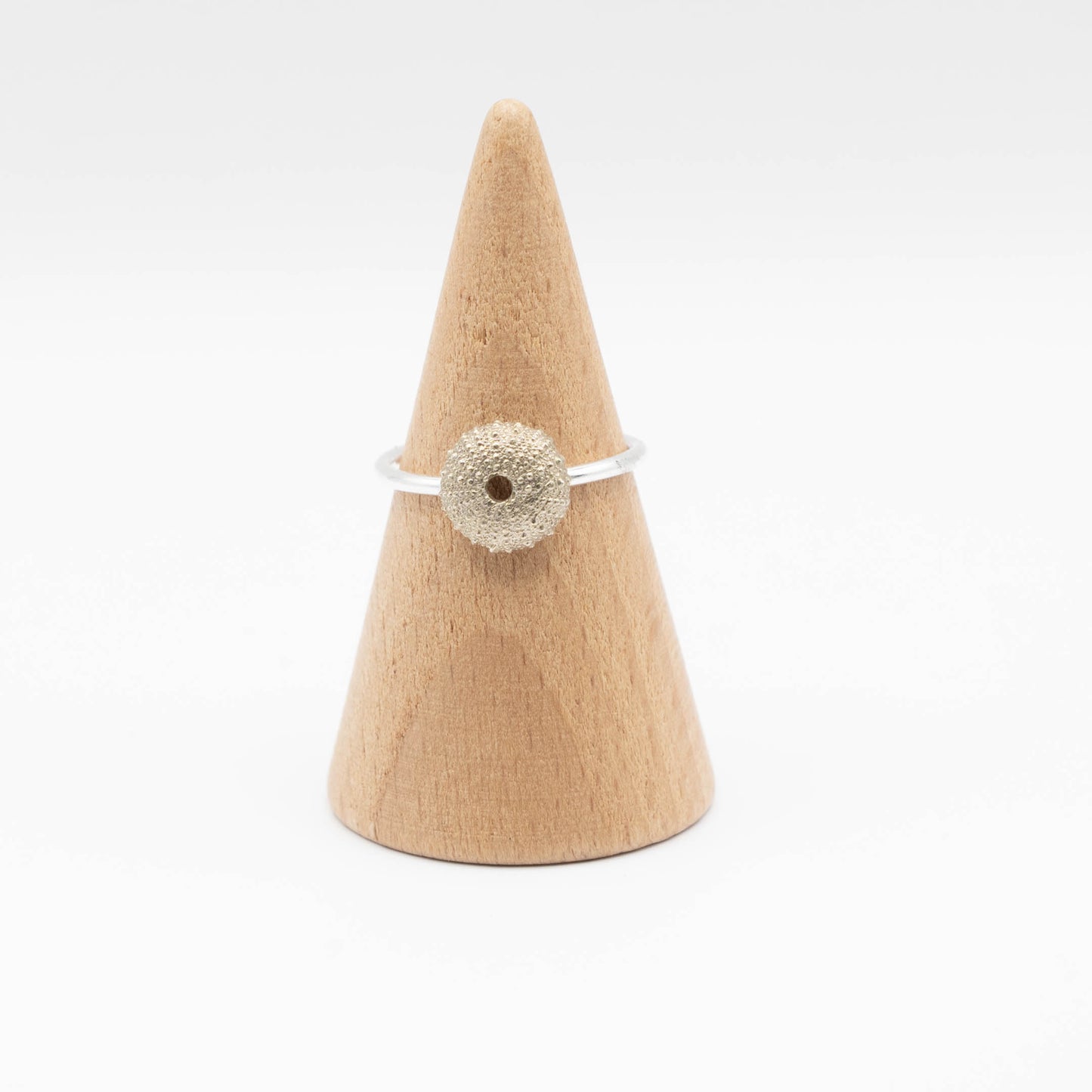 brass sea urchin with silver band ring, displayed on a wooden cone