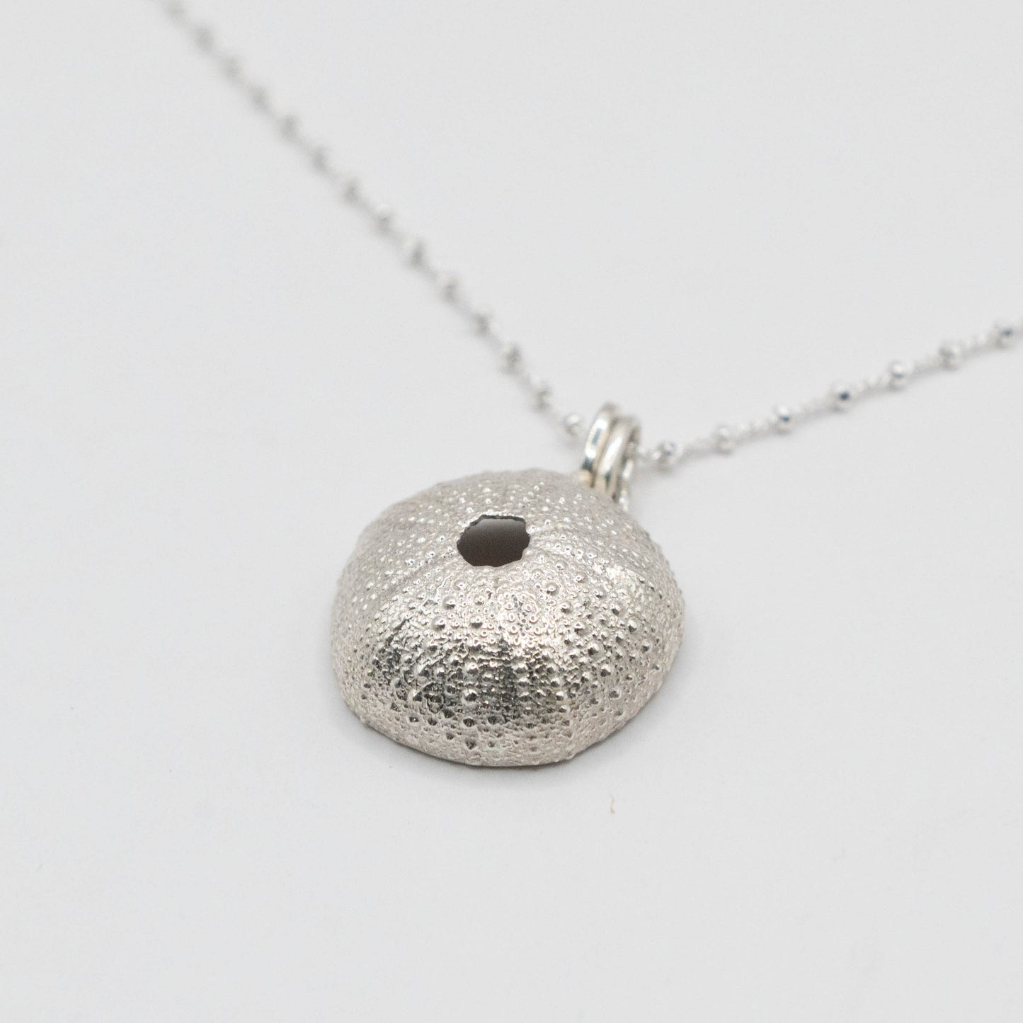 Bright, shiny silver sea urchin pendant with fine textured patterns, suspended on a delicate silver chain. The reflective surface enhances the elegant and minimalist design, perfect for a touch of coastal sophistication.