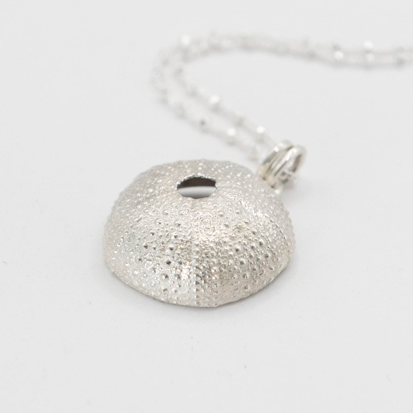 Close-up of a shiny silver sea urchin pendant with intricate textured details, hanging from a delicate silver chain. The pendant showcases the natural beauty of the sea urchin’s shell in a polished, elegant finish.