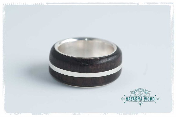op view of the double-layer African blackwood and silver band showing the dark wood contrast