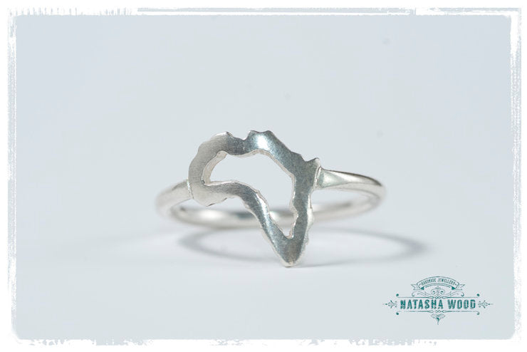 Close-up of sterling silver Africa map outline ring highlighting the detailed craftsmanship.