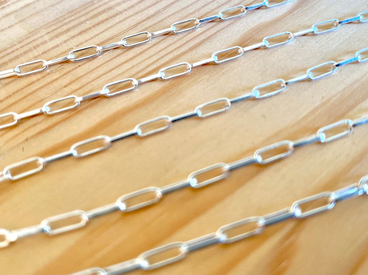 Close-up of sterling silver paperclip chain necklace showcasing individual link design