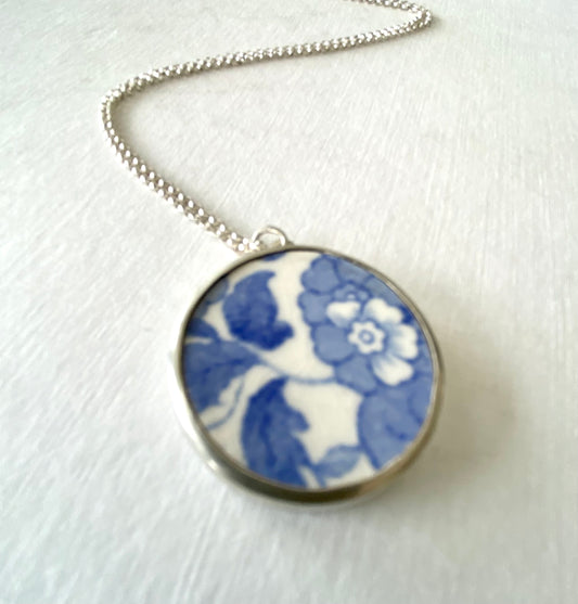 Blue and White Floral ceramic pendant