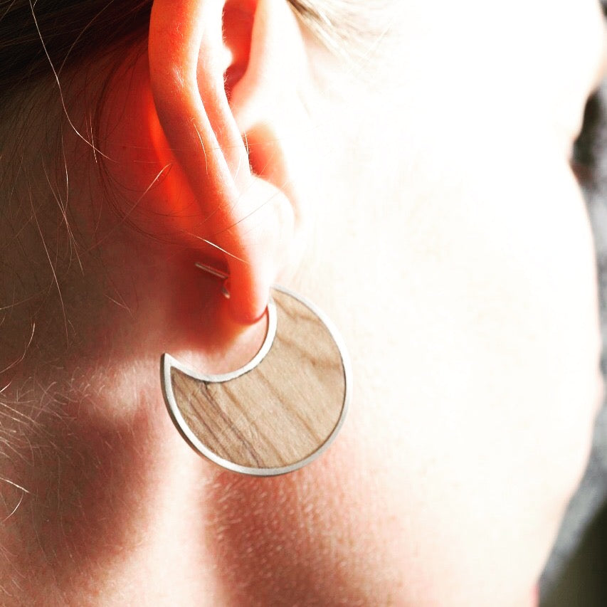 Moon stud earrings with Wood