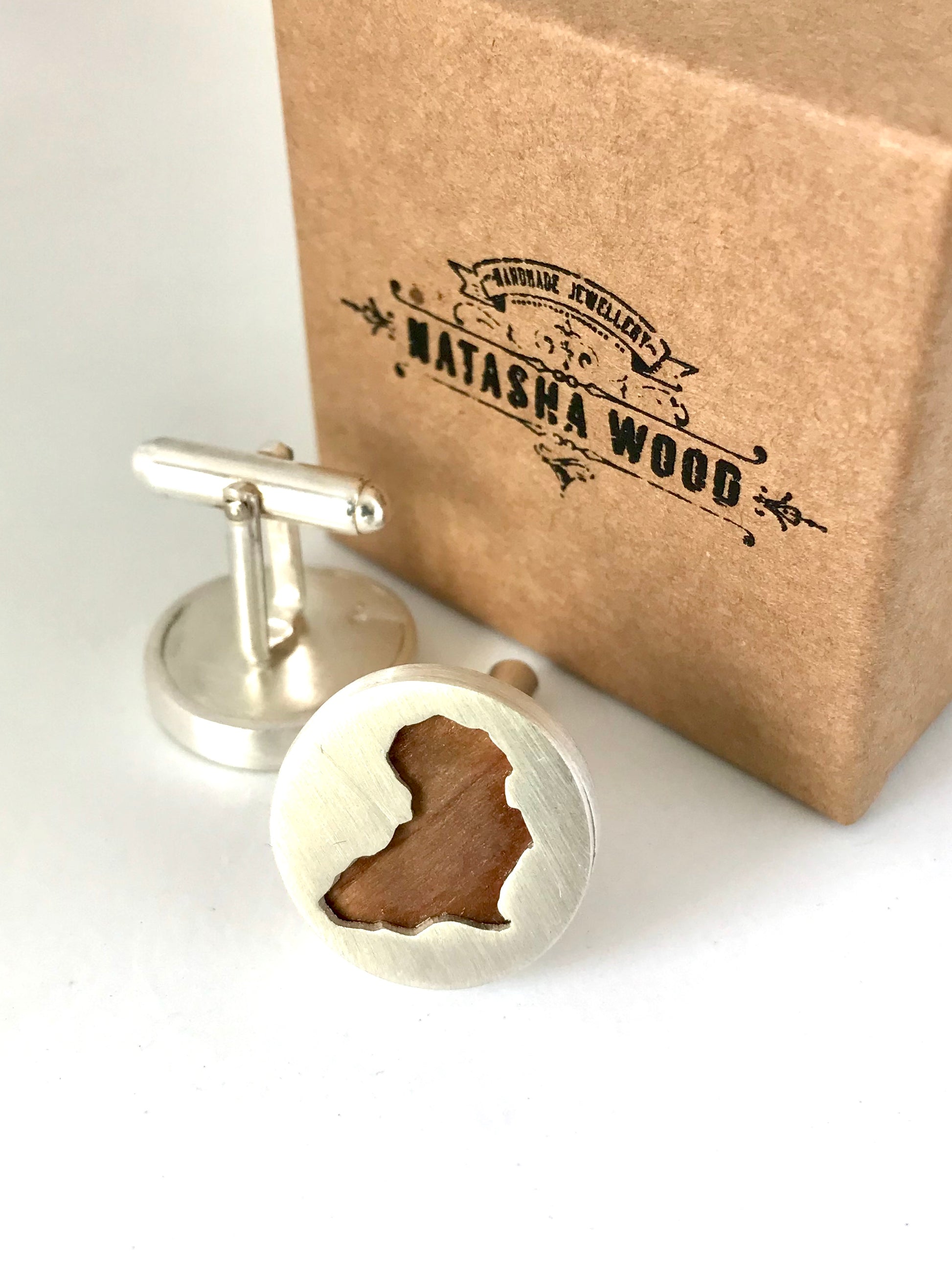 Packaged handcrafted Africa silhouette wooden cufflinks in branded Natasha Wood Jewellery box