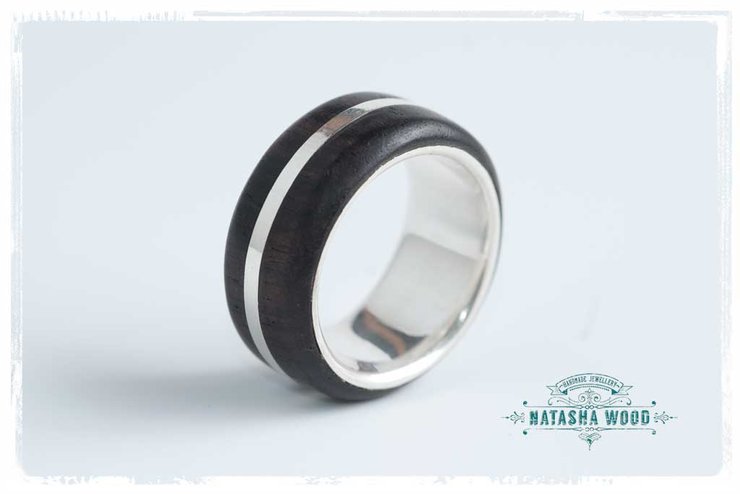 Side view of the African blackwood silver band, emphasizing the layered design.