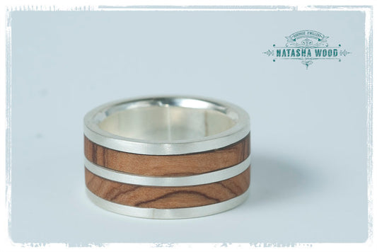 Front view of the layered olive wood and sterling silver ring by Natasha Wood Jewellery.
