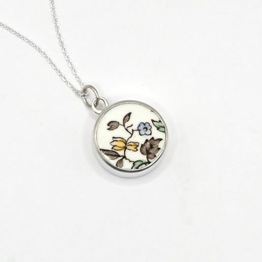 Double Bloom Shard Pendant - front face delicate blue and yellow floral antique china in sterling silver bezel