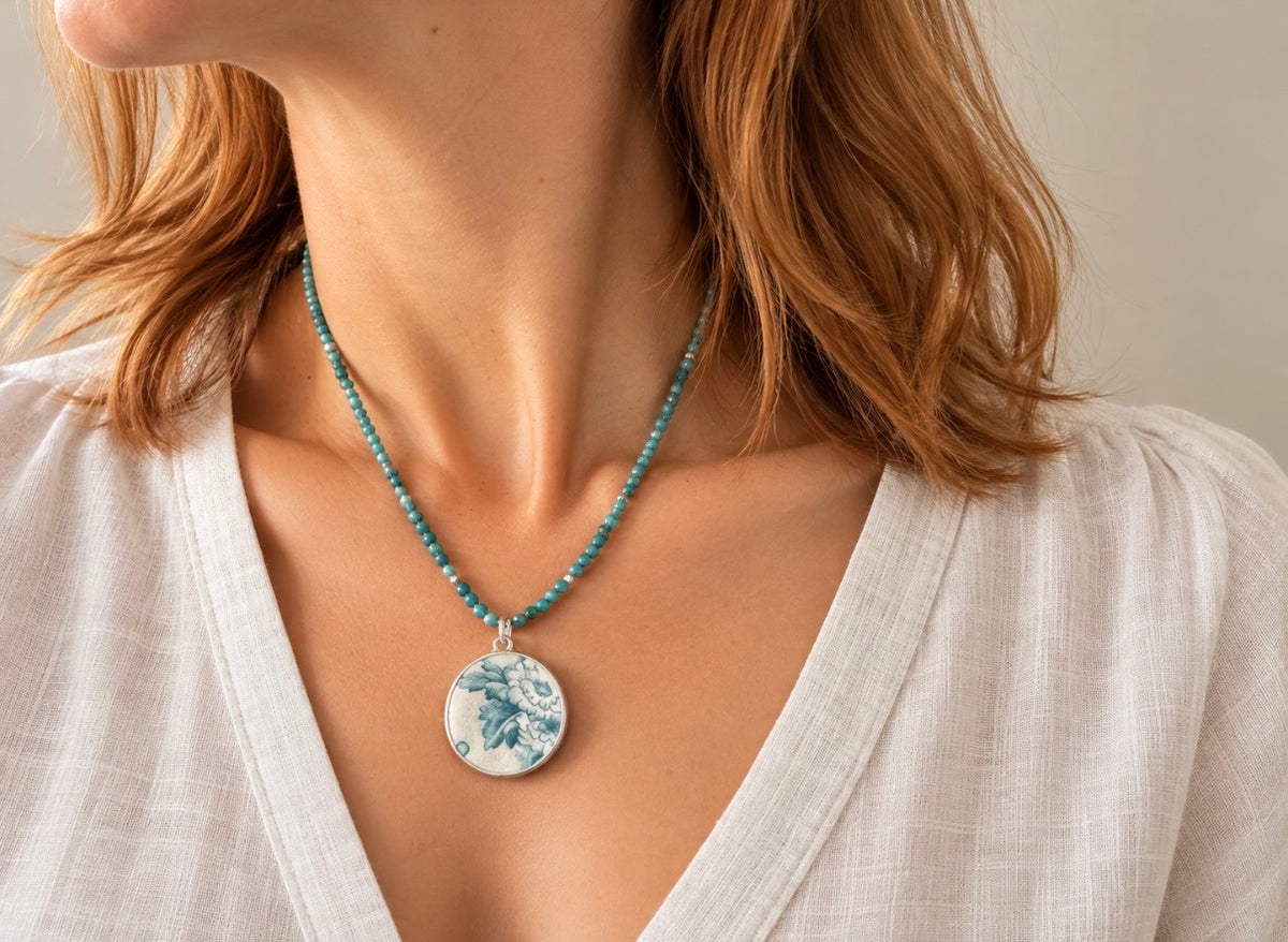 Once a plate - green floral pendant
