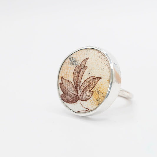 Autumn Leaf Antique Ceramic Ring - angled close-up showing antique crazing detail and sterling silver bezel