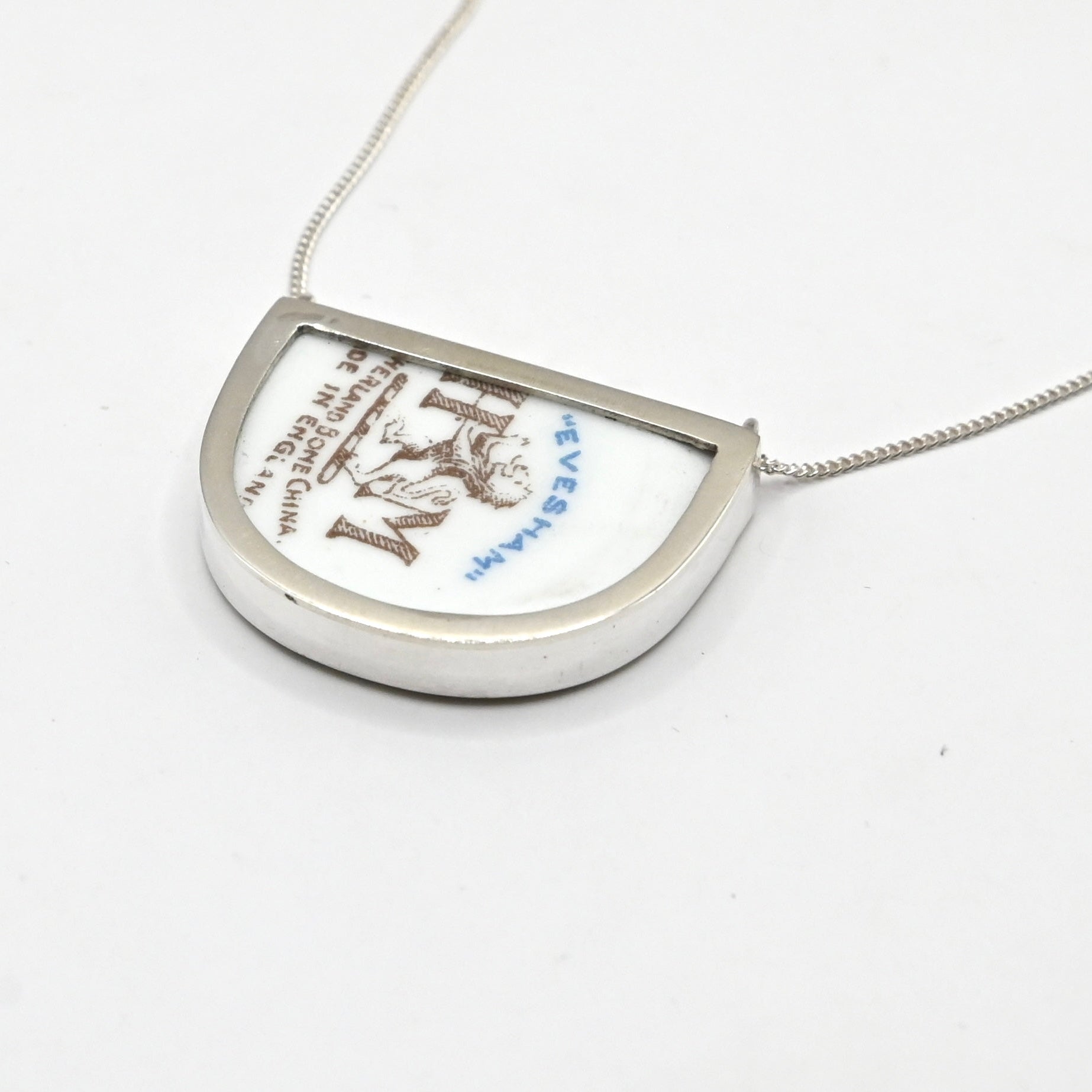Vintage floral china pendant on 42cm sterling silver chain - full necklace lay flat white background