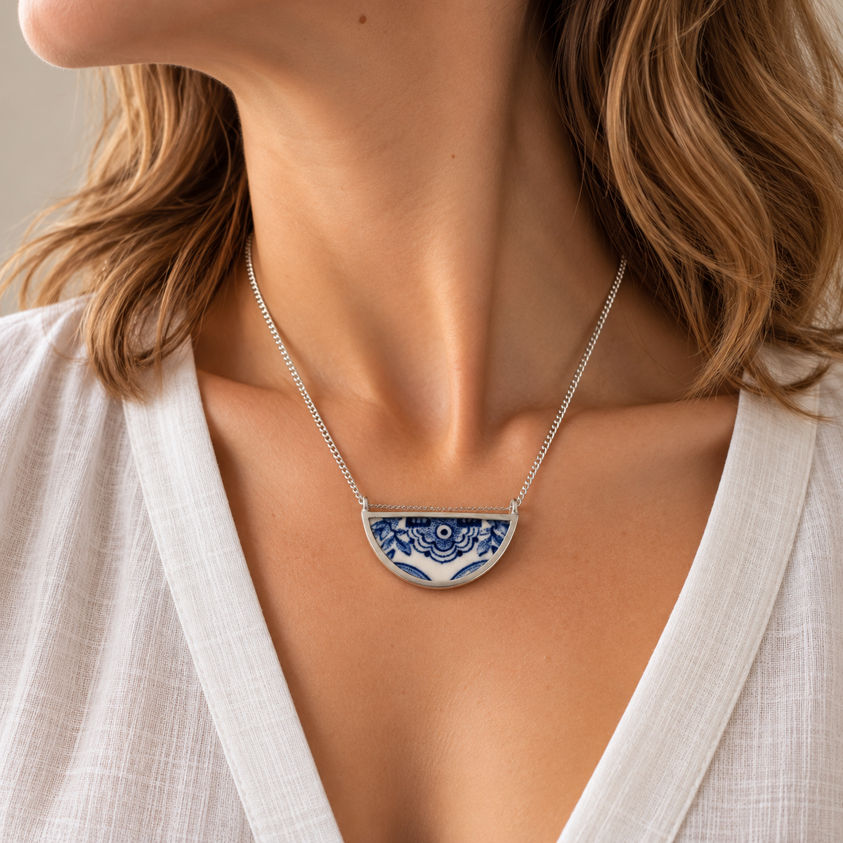 Once a plate- willow pattern half round pendant