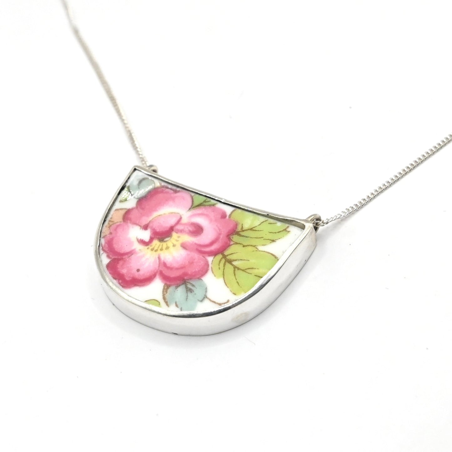 Vintage china pendant - reverse showing Royal Worcester Evesham bone china backstamp sterling silver