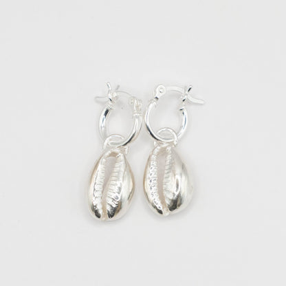 Cowry Shell Hoop Earrings - pair front view sterling silver finish