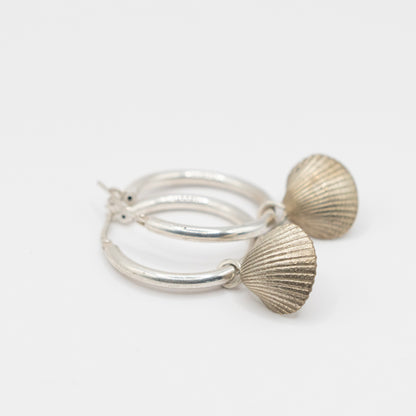 Scallop Shell Hoop Earrings - brass charm variant flat lay, sterling silver hoop