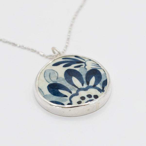 Beautiful blue and white broken China ceramic and silver pendant