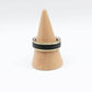 African Blackwood Ring on wooden cone stand – 7mm band with bronze rims and sterling silver interior, handmade by Natasha Wood Jewellery