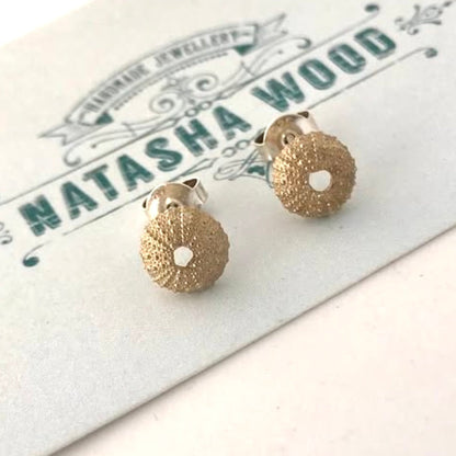 Sea Urchin Stud Earrings - brass variant displayed on Natasha Wood Jewellery branded card