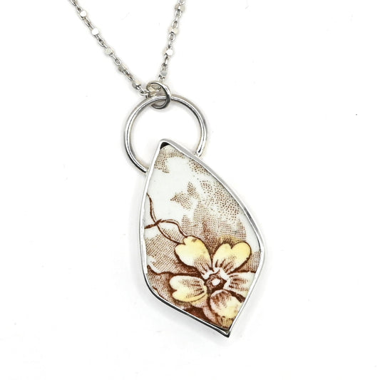 Antique ceramic shard sterling silver pendant - front view floral motif handcrafted by Natasha Wood