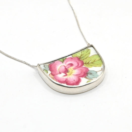 Royal Worcester Evesham china pendant - close-up front view sterling silver setting