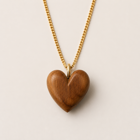 Hand carved olive wood heart pendant