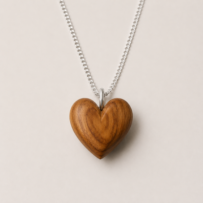 Hand carved olive wood heart pendant