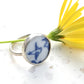 Lovebird Ring - flat lay antique willow pattern blue and white ceramic set in sterling silver bezel