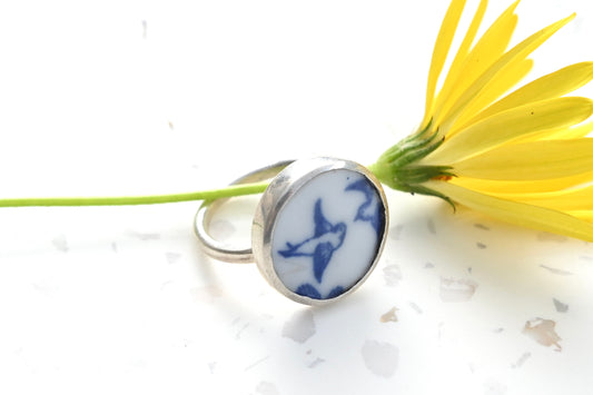 Ring made with antique ceramic from the willow pattern plate