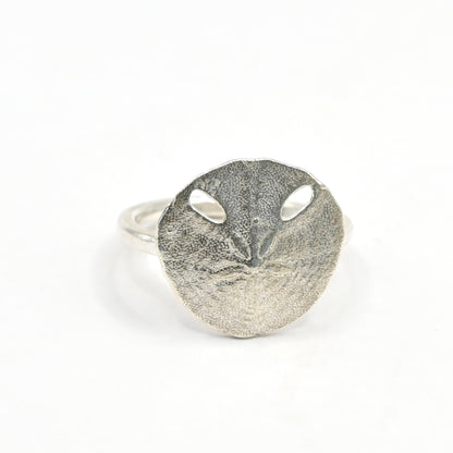 Pansy Shell Ring in Sterling Silver - front view showing oxidised shell texture and slim wire band by Natasha Wood Jewellery