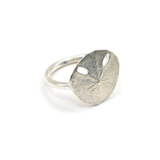 Pansy Shell Ring Sterling Silver - angled view showing slim round wire band and underside of shell casting