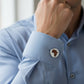Africa Silhouette Wooden Cufflinks - pair front view, brushed sterling silver with olive wood inset on a shirt cuff